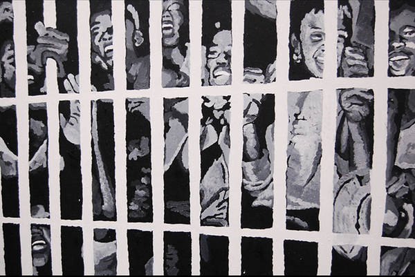 Some of the 210 demonstrators jailed wave from their cell 1964 - Art Print